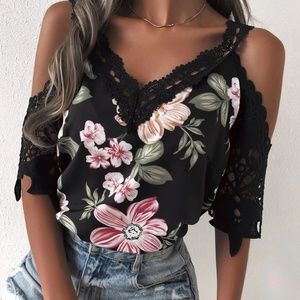 Boho Floral Print Cold Shoulder Lace Detail Top